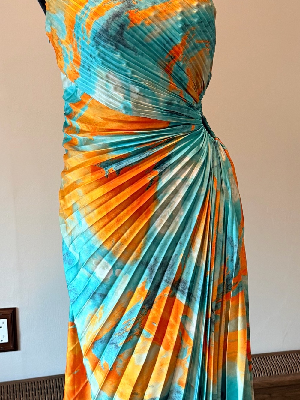 Vibrant Turquoise & Orange Pleated Maxi Dress